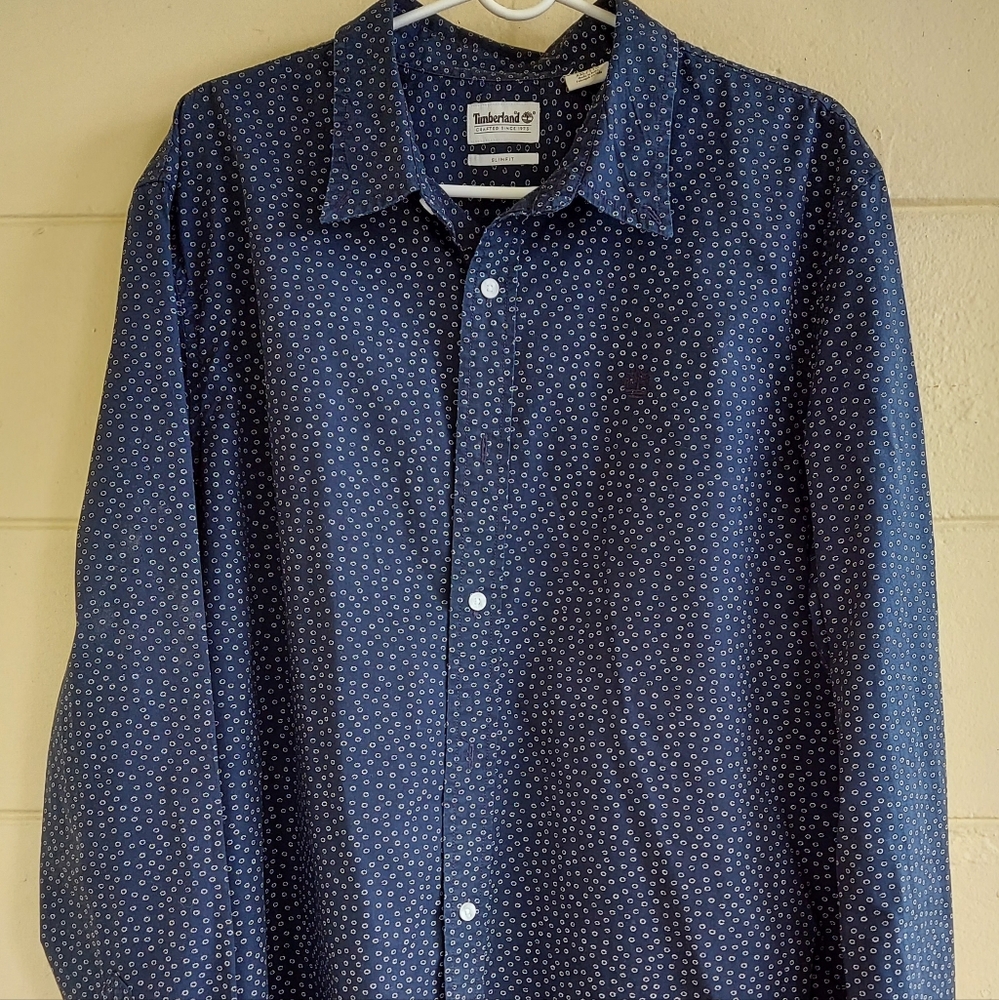 Timberland Mens XXL Dark Blue White Circles Long Sleeve Button Down Slim-Fit